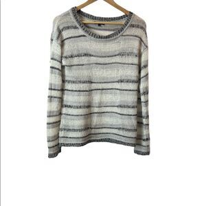 RW&CO Mohair Blend Loose Knit Light Grey & White Striped Pullover Sweater M